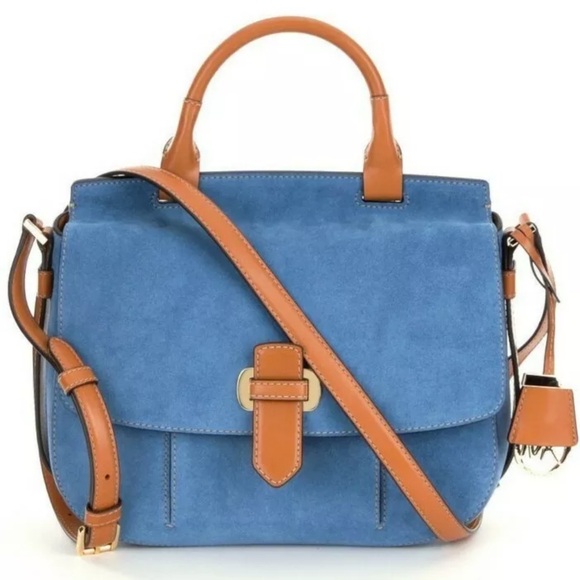 Michael Kors Romy Genuine Leather/Suede Flap Messenger Crossbody Medium Blue - Picture 1 of 16
